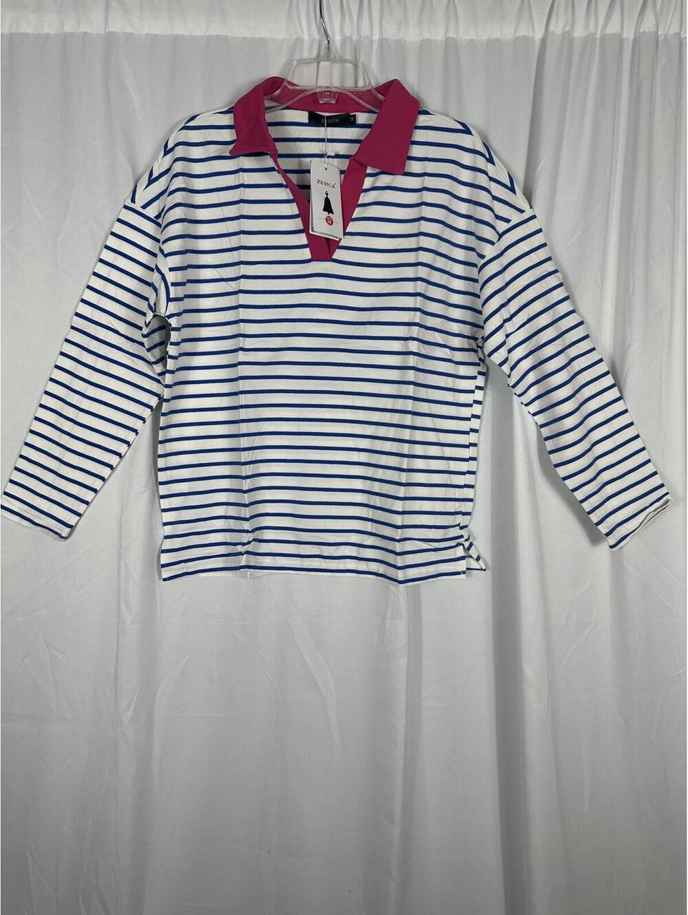 Zesica Striped Long Sleeve Polo Shirt with Pink Collar, Size M